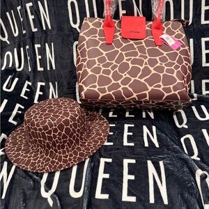 Sassy Jones Brown Giraffe Print Tote and Hat with Red Accents